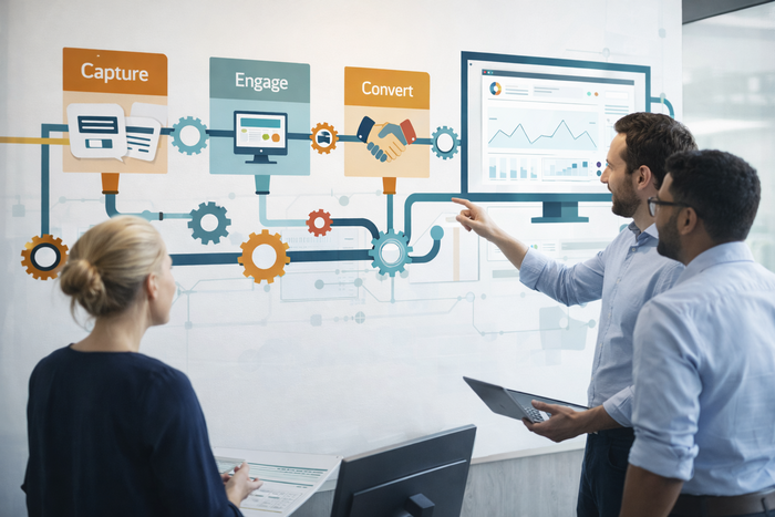 Sales and marketing automation components including CRM, nurture journeys and dashboards