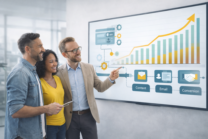 Sales and marketing automation components including CRM, nurture journeys and dashboards
